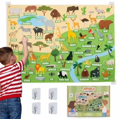 Imagen de BONNYCO Jungla Animales 116 Figuras Fieltro Juguetes Montessori, Regalos para Niños 3 4 5 6 7 8 Juegos Educativos Infantiles, Sensoriales Autismo, Selva, Cumpleaños, Navidad