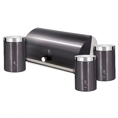 Imagen de Berlinger Haus Carbon Pro Set Panera de Mesa + Juego 3 Botes Cocina Almacenaje, Acero Inoxidable, Contenedor para Guardar Pan y Bollería, Tapa Deslizante, Bread Box, Gris/Inox