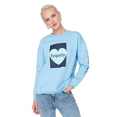 Imagen de Trendyol Sudadera Oversize con Cuello Redondo y corazón, Azul Claro, S para Mujer