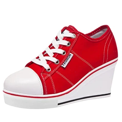 Imagen de ANUFER Mujer Tacón de Cuña con Cordones Lona Zapatos Deportivos Alpargatas SN02435 Rojo EU38