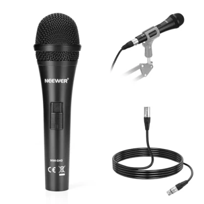 Imagen de Neewer Micrófono dinámico cardioide con Cable Macho XLR a Hembra XLR, construcción metálica rígida para Pickup Profesional de Instrumentos Musicales, Voz, radiodifusión, discurso, Negro(NW 040)
