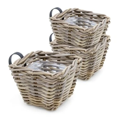 Imagen de Juego de 3 jardineras ratán natural para balcón, 15 x cm, cesta mimbre con soporte, jardín, jardinera, macetero, flores colgar en barandillas