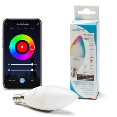 Imagen de Domos Bombilla Wifi Inteligente LED Tipo Vela Luz de Colores 5.5W E14 Regulable y Programable Smart Home Compatible con Alexa Google Assistant Cambio Color RGB e Intensidad
