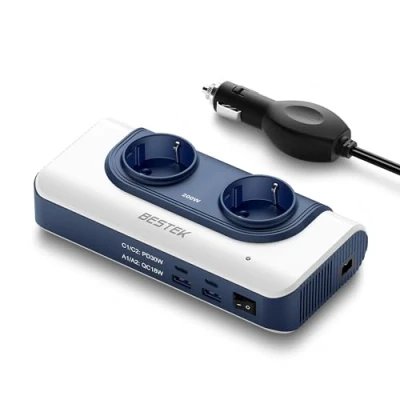 Imagen de BESTEK Transformador 220v a 12v Inversor de Corriente 200W con 4 Salidas USB, 2 AC Tomas Y Encendedor, Convertidor Onda sinusoidal Protección para Barco, Caravana,Coche,camper furgoneta accesorios
