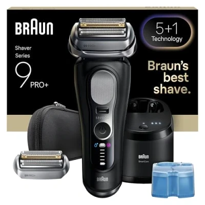 Imagen de Braun Afeitadora Eléctrica Hombre Series 9 PRO+, Máquina De Afeitar Barba En Seco Y Mojado Con Tecnología 5+1, 60 Min Uso, Centro Limpieza, Estuche Viaje, 1 Cabezal Extra, 9660CCPS, Negro