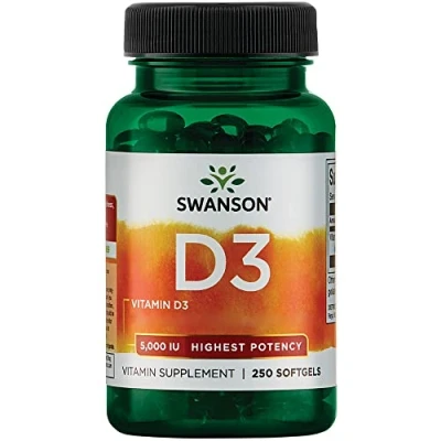 Imagen de Swanson, Vitamina D3 125mcg (5000 IU), Depot, 1 Cápsula cada 5 Días, 250 Cápsulas blandas, Dosis Alta, Testada en Laboratorio, Sin Soja, Gluten, OGM