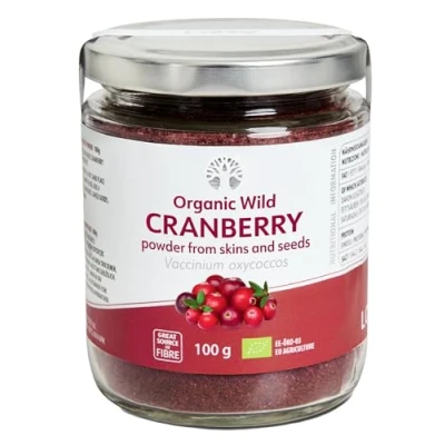 Imagen de Polvo de Arándano Ágrio Silvestre Orgánico LOOV (polvo orujo), 100 g, rico en antioxidantes y fitonutrientes, hecho con cáscaras semillas bayas, sin azúcar, cosechado bosques nórdicos