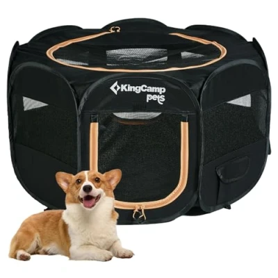 Imagen de KingCamp Portátil Parque de Juegos y Ejercicios para Perros, Mascotas,Jaula Perro, Gato, Cachorro, Conejo,Corralito Plegable con Estuche,Ideal Viajes en Interiores (Negro S 74 x 43 cm)