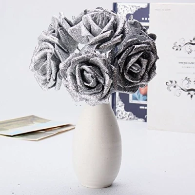 Imagen de Tutoy 7pcs Ramo Artificial Brillo Espuma Flores Artificiales Boda Nupcial Fiesta decoración DIY Rose Plata