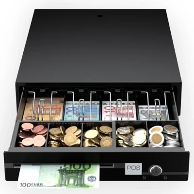 Imagen de POS VALLEY Caja Registradora Manual o Automática con Impresoray Registrador de Efectivo RJ11 (12/24V), 4 Billetes y 5 Monedas, Cajón Pequeño para Dinero, 33x37, Negro