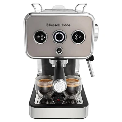 Imagen de Russell Hobbs Cafetera Espresso Distinctions Titanium, Presión 15 Bares, Café Molido o Cápsulas ESE, Calentador de Termo bloque, Calienta tazas, Varilla Vapor Giratoria, Acero Inoxidable, Marrón