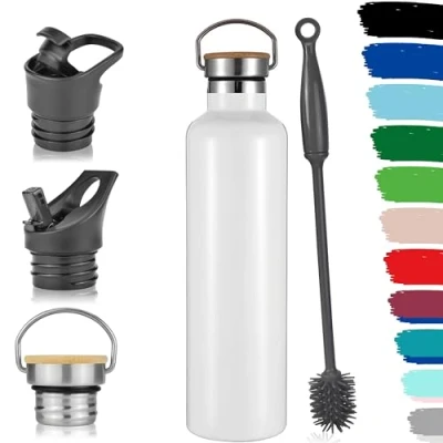 Imagen de Milu botella de acero inoxidable 350 ml, 500 750 1000 ml (+3 tapas), termo con paja, agua, para bebidas calientes, frías y carbonatadas (blanco, 1 l)