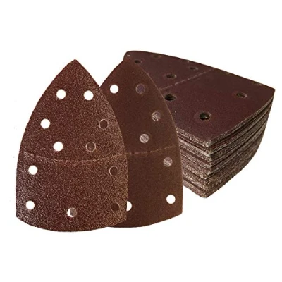 Imagen de Triángulos de lijado Prio, hojas lija velcro, 50 unidades, 11 agujeros, 105 x 152 mm, grano 40, para lijadoras múltiples, almohadillas triangulares, papel