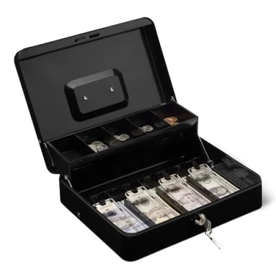 Imagen de Amazon Basics Caja para dinero con llave de cierre y bandeja dinero, 9 x 30 24 cm, negro
