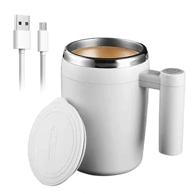 Imagen de Leikurvo taza autoagitable: de café eléctrica 380 ml, mezcla magnética automática, acero inoxidable con tapa, mezcladora para café, té, zumo, leche, cacao (blanco)
