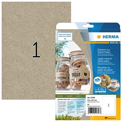 Imagen de HERMA 10758 etiquetas universales DIN A4 grandes (210 x 297 mm, 20 hojas, papel Silphie, mate), autoadhesivas, imprimibles, permanentes, adhesivas, marrón natural