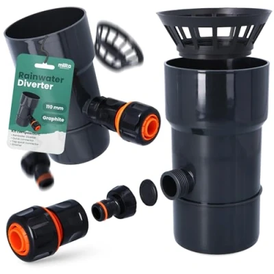 Imagen de Millto™ Colector de Lluvia para Bajante y Depósito DN Ø110 mm Grafito Recuperador Agua con Filtro Desagüe Drenaje Canalón Bajada Conexión Manguera Jardín