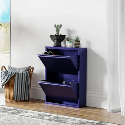 Imagen de [en.casa] Zapatero de Pared Sokndal Organizador Zapatos con 2 Puertas para 4 Pares Mueble Calzados Entrada Pasillo Metal 71 x 50 15 cm Azul Noche