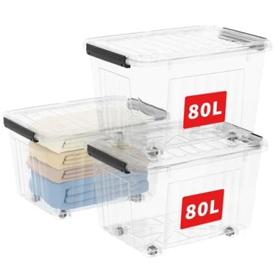 Imagen de Cetomo 80L*3 Cajas de Almacenamiento con Tapas, Contenedores Plástico Ruedas, Clip On, Apilables, Encajables, Organizador Rayado para Oficina en Casa, Transparente, 80L 3 Pack