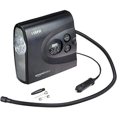 Imagen de Amazon Basics Compresor de aire portátil compacto, inflador neumáticos, apagado automático con luz LED, CC 12 V, 150 PSI, color negro