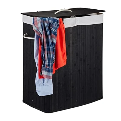 Imagen de Relaxdays Cesto Ropa Sucia con Tapa y 2 Compartimentos, Cubo Colada Plegable, Canasta, Bambú, 95 L, Negro