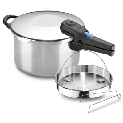 Imagen de ALZA Omega olla a presión súper rápida de 4 litros + cestillo, fabricada en acero inoxidable 18/10, para todo tipo cocinas, inducción, 5 sistemas seguridad, express