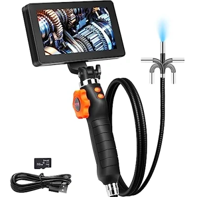 Imagen de VEVOR Endoscopio Articulado Bidireccional de 180 Cámara Endoscópica Lente 6,4 mm Pantalla IPS LED 5&quot; Zoom 8X Cable 1 m 32 GB Tarjeta Impermeable IP67 para Inspección Automóviles Drenaje