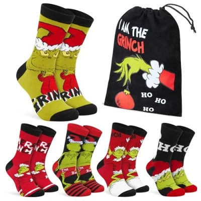 Imagen de The Grinch Calcetines hasta la Pantorrilla, Divertidos para Hombres, Pack de 5 Regalos Hombre
