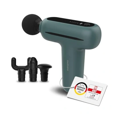 Imagen de medisana MG 200 Mini Massage Gun, pistola de masaje muscular con 4 accesorios, masajeador modo inteligente y 5 intensidades, batería larga duración, caja almacenamiento