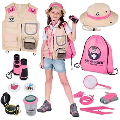 Imagen de Kit Explorador Niños y Disfraz Niño Juegos Exterior de 3 a 12 Años Prismaticos Niños, Linterna Infantil, Lupa, Brujula, Insectos Juguete Regalo Juguetes (Rosa, 7+)