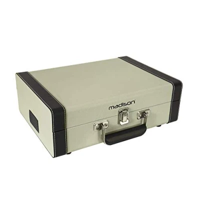 Imagen de MAD RETROCASE CR MADISON Estuche para tocadiscos retro (33, 45, 78 RPM) con altavoces incorporados, Bluetooth, USB, SD Adaptador de 45 RPM incluido Cuero azul claro