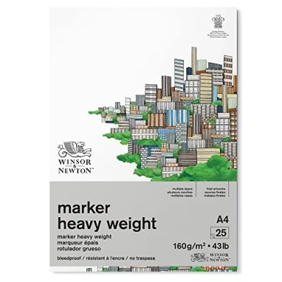 Imagen de Winsor &amp; Newton Bloc de papel para rotulador grueso, 160g, A4 (25 hojas, sin cloro ni ácidos, resistente al envejecimiento, todo tipo rotuladores a base alcohol), Blanco, 6002012