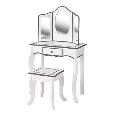 Imagen de WOOMAX Tocador Infantil para Niñas, Blanco y Gris con Taburete Espejo, Juguetes de Madera, Maquillaje 85389