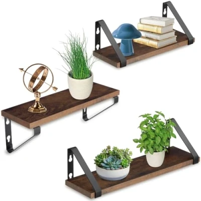 Imagen de TecTake® 800996 Juego de 3 estantes Pared, Estantería Mural para casa, Repisas Estilo Industrial, Baldas rústicas Minimalistas (Madera Industrial Oscura, rústica)