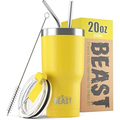 Imagen de Greens Steel BEAST Termo Café para Llevar 550ml I Limón Taza Térmica de Acero Inoxidable Reusable Viajera Doble Pared al Vacío 2 Pajitas y Cepillo Limpieza