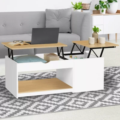 Imagen de IDMarket Mesa baja con 2 bandejas elevables EYLA baúl de madera blanca y haya