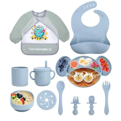 Imagen de Jissta juego de vajilla silicona para bebés,plato bebés,juego 11 piezas plato niños con ventosa,babero impermeable antideslizante sin BPA (azul)