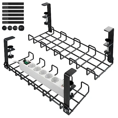 Imagen de Lannvan Bandeja Organizador Cables Escritorio Juego de 2 sin Taladros Cable Management Recoge Mesa Soporte con Abrazadera Negro