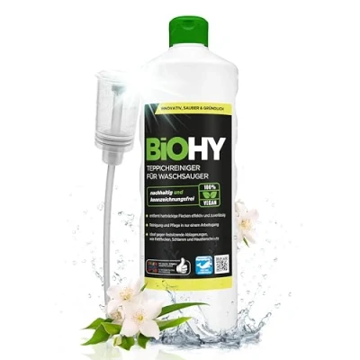 Imagen de BIOHY Limpiador de Alfombra para aspiradoras en húmedo (1 Botella 1 litro) + Dosificador Adecuado Todas Las Elimina sin Esfuerzo Manchas (Waschsauger)