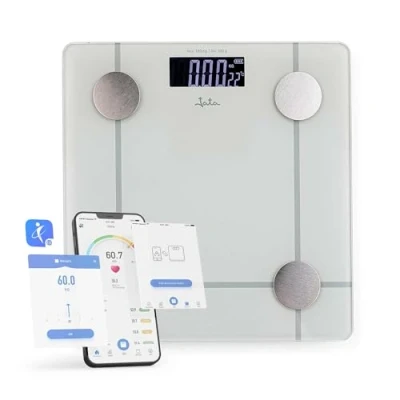 Imagen de JATA HOGAR HBAS1524 Báscula de Baño Digital, Bascula Grasa Corporal y Muscular con APP. Inteligente para Fitness. 8 Memorias. IMC. Calorías Diarias Recomendadadas. Hasta 180 kg