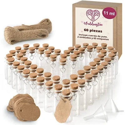 Imagen de WeddingTree 60 x 11ml Botella de Vidrio Mini Set Botellas Cristal con Corcho y Llavero Corazón para Invitados Bodas, Decoración, Frasco Especia
