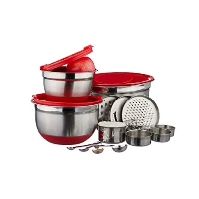 Imagen de Relaxdays 10024718 Juego de 17 Utensilios Cocina, Vasos y cucharas medidoras, Cuenco para Mezclar, Rallador, Plateado Rojo, Acero Inoxidable