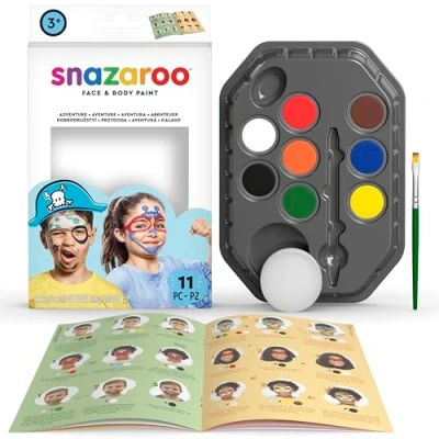 Imagen de Snazaroo Set de pintura facial &quot;Aventura&quot;, para niños y adultos, 8 colores, 1 pincel, esponja, guía, base agua, maquillaje pintacaras, aguacolor