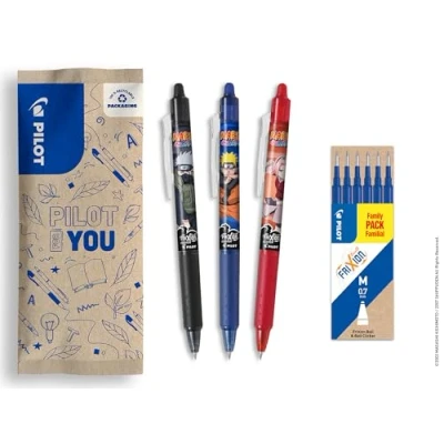 Imagen de PILOT x Naruto 3 uds FriXion Ball Clicker, Negro, Azul, Rojo + 1 Set de 6 recambios azules Bolígrafo borrable Shipudden Edición Limitada Bolígrafos roller retráctil Punta media