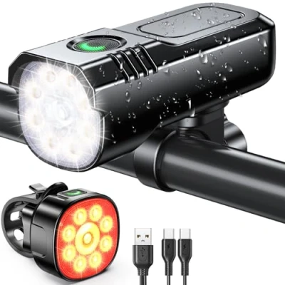 Imagen de ISEYOU Luces Bicicleta Delantera y Trasera, [8+7 Modos &amp; 9+9 Potente Led] Luz Recargable USB, IP65 Impermeables para Ciclismo de Montaña Carretera