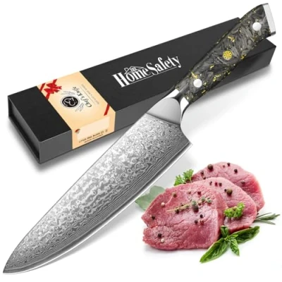 Imagen de Home Safety Cuchillo de Cocina Damasco, 20 cm Chef Acero Damasco 67 Capas, Cocinero Profesional para Cortar Verdura, Fruta, Carne y Pescado