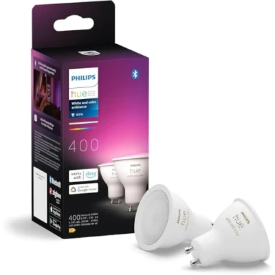 Imagen de Philips Hue Bombilla LED Inteligente, GU10, Luz Blanca y de Colores, 4.2W 400 lúmens, Compatible con Alexa Google Home Pack 2 Bombillas inteligentes