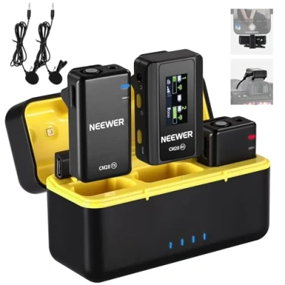 Imagen de NEEWER CM28 Sistema Micrófono Inalámbrico Lavalier con Estuche, 2 Clips, Reducir Ruido 1 Clic, Almacenamiento 4GB, Reproducción 9H, de Solapa Compatible iPhone/Android/PC/Cámara