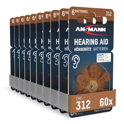 Imagen de ANSMANN Pilas para audífonos, Tipo 312, Color marrón, P312 ZL3 PR41, 60 Unidades, Zinc Aire, 1,4 V, Paquete de Almacenamiento, fácil Agarre