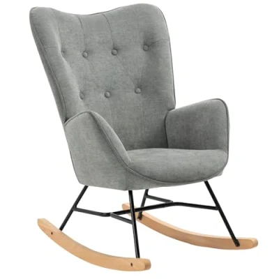 Imagen de MEUBLE COSY FUNKEL Fabric Grey Rock Silla Mecedora con reposabrazos y Asiento Acolchado para salón, Dormitorio, Estructura de Metal Base Madera, Tela, Color, Gris Claro, 66x84x97 cm